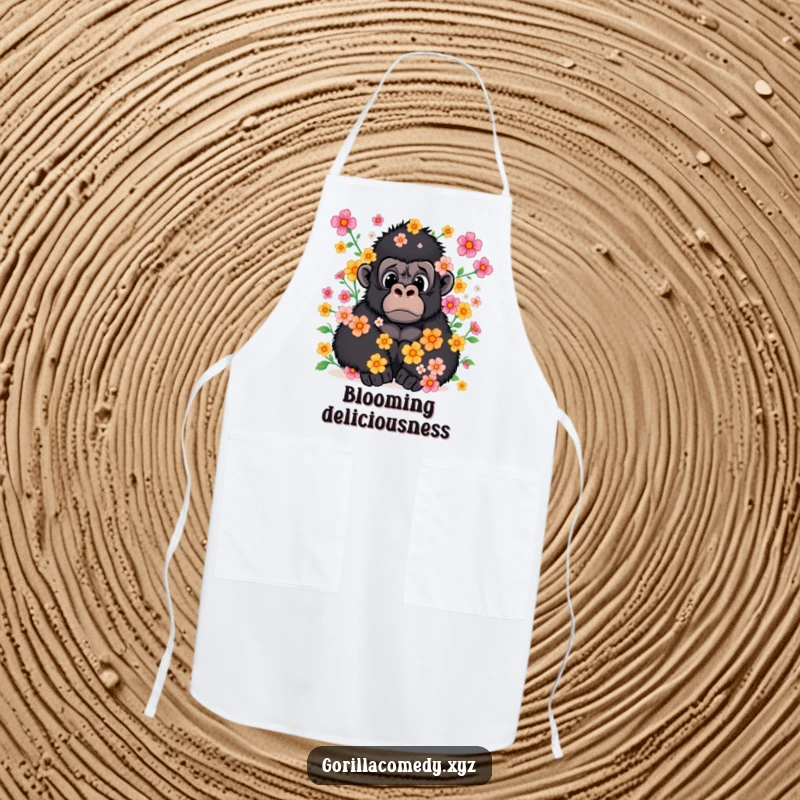 Funny apron showing a surprised gorilla covered in a shower of flowers while cooking.