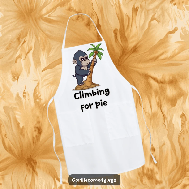 Funny apron with a determined gorilla attempting to climb a small coconut tree, bringing ambition and humor to kitchen tasks.