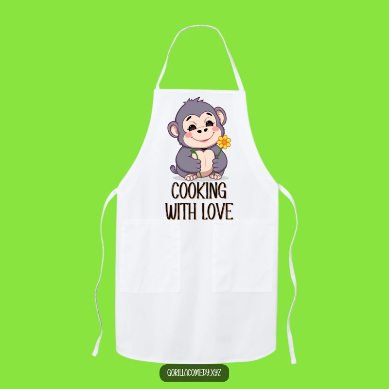 Funny Gorilla Apron: Cute Shy Gorilla with Flower, Kitchen Gift