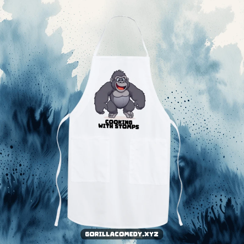 Funny apron featuring a gorilla with enormous, happy feet stomping playfully while cooking.