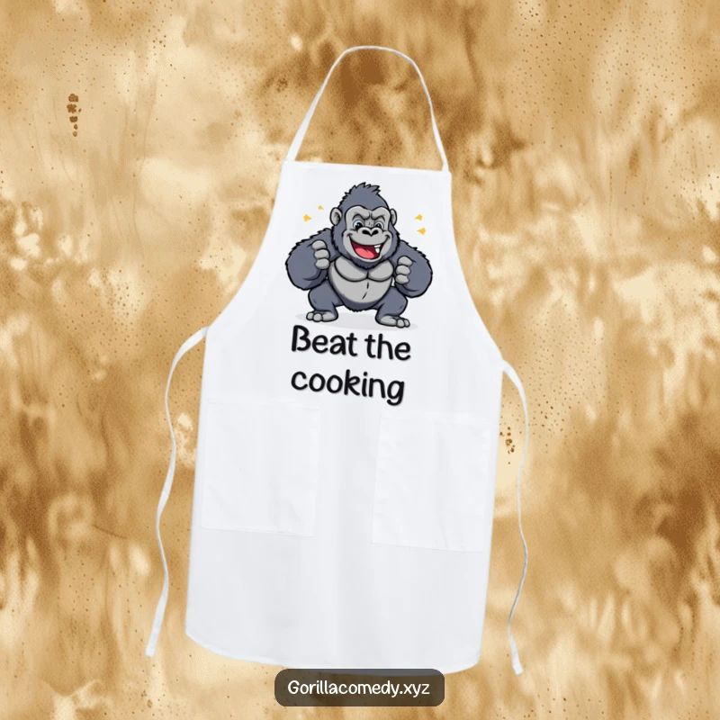 Funny kitchen apron with a cheerful gorilla pounding its chest energetically, ideal for cooks who love to have fun.
