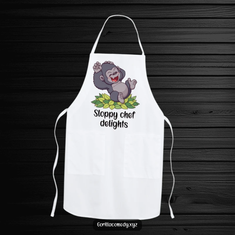 Funny clumsy gorilla apron tumbling with delight into soft leaves, perfect for kitchen fun and adding a playful touch, a unique gift.