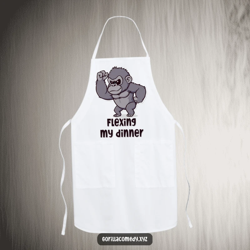 Funny gorilla apron, determined character proudly flexing its tiny bicep, perfect for a humorous cook.