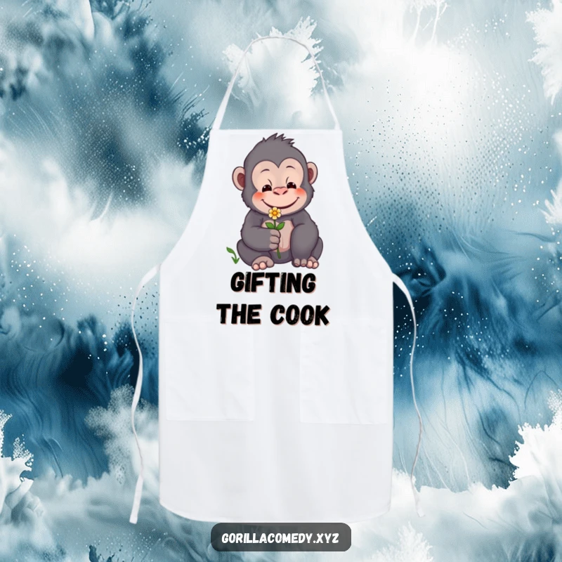 Funny kitchen apron with a gentle gorilla smiling warmly while offering a tiny flower, ideal for kind chefs.