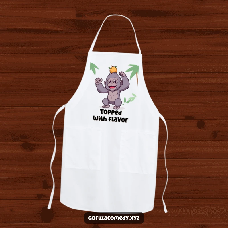 Funny gorilla apron with a silly ape balancing coconuts, ideal for cooking, baking, and kitchen hijinks.