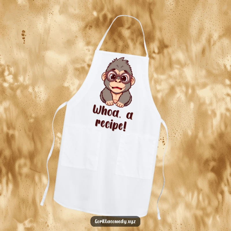 Funny gorilla apron showing a character with oversized glasses looking surprised, perfect for a humorous cook.