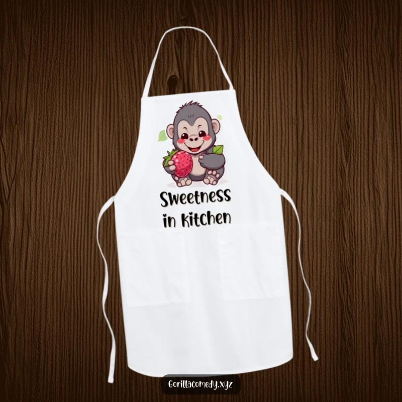 Funny gorilla apron showing a gentle character smiling and offering a berry, perfect for a humorous and kind cook.