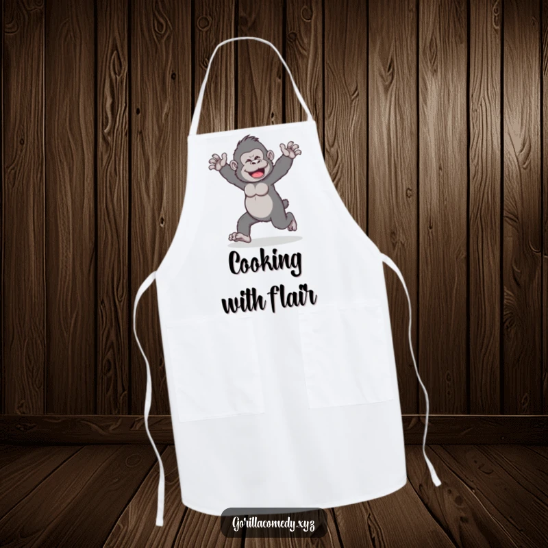 Funny gorilla apron showing a character doing a wobbly walk with arms outstretched, perfect for a humorous cook.