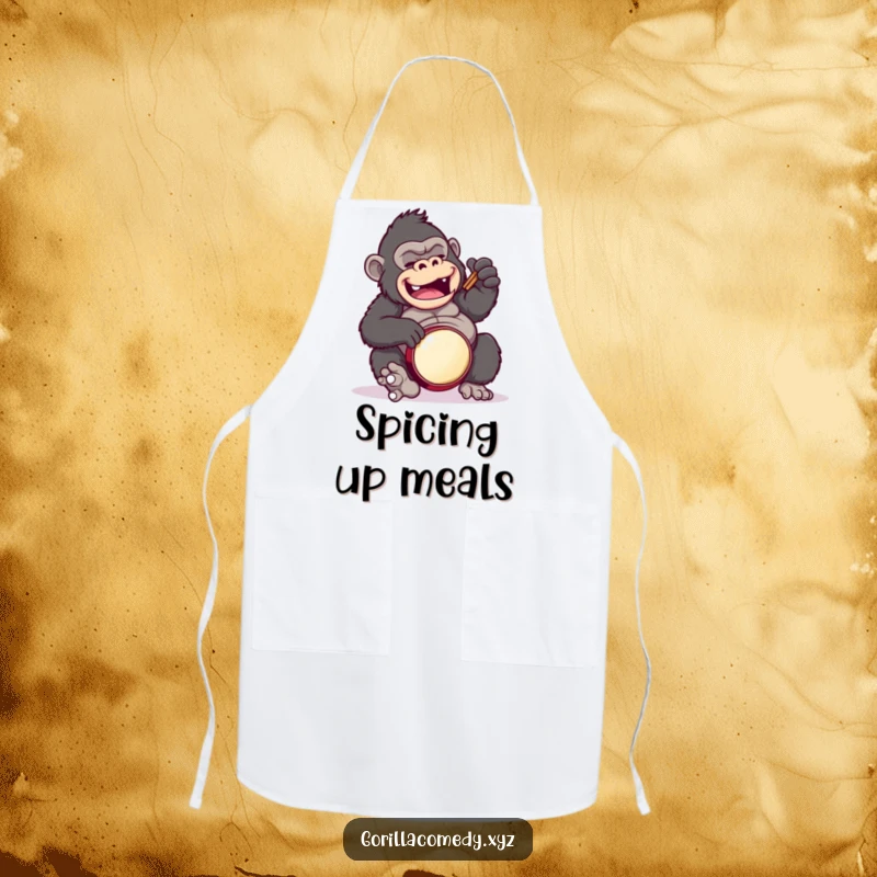 Funny gorilla apron, showing a gorilla comically drumming on its belly, for kitchen fun.