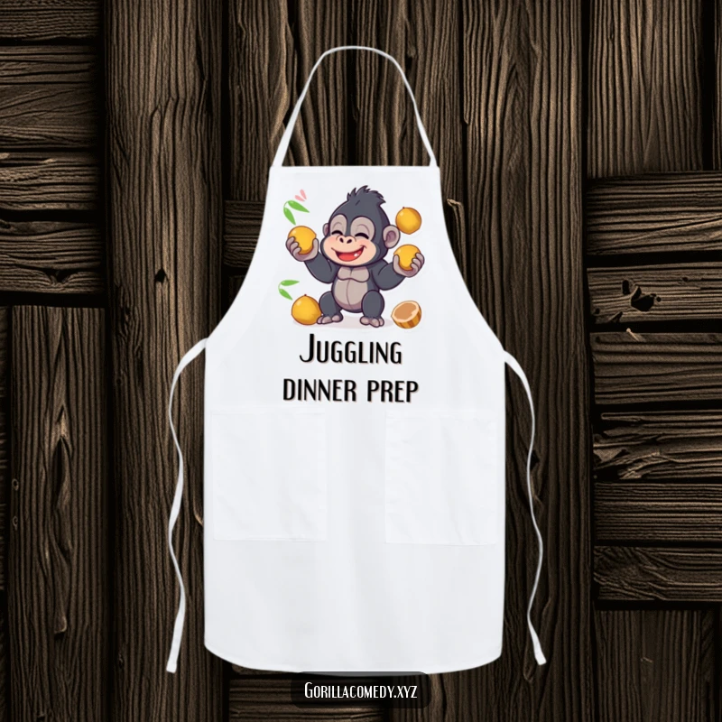 Funny kawaii gorilla giggling while juggling coconuts on an apron, adding a playful and humorous touch to kitchen duties.