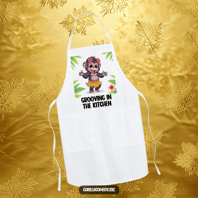 Funny Gorilla Apron: Cute gorilla in a grass skirt dancing the hula, perfect for a fun-loving cook.