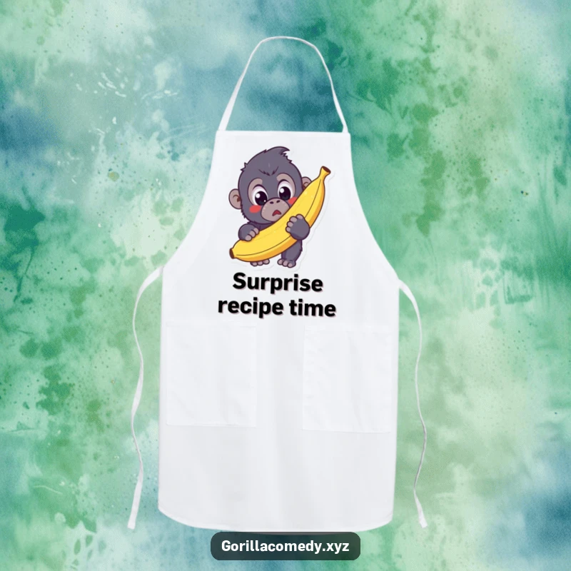 Funny Kawaii Gorilla Apron depicting a surprised gorilla holding a giant banana, ideal for adding cuteness and humor to cooking.