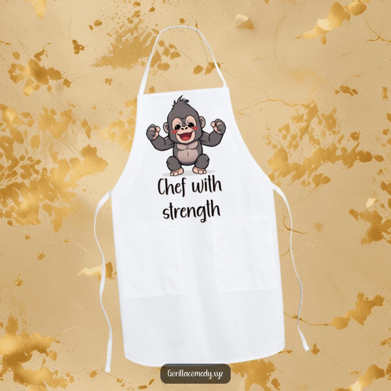 Funny apron featuring a cute Kawaii gorilla character flexing its tiny biceps, ideal for cooks who appreciate humor and strength.