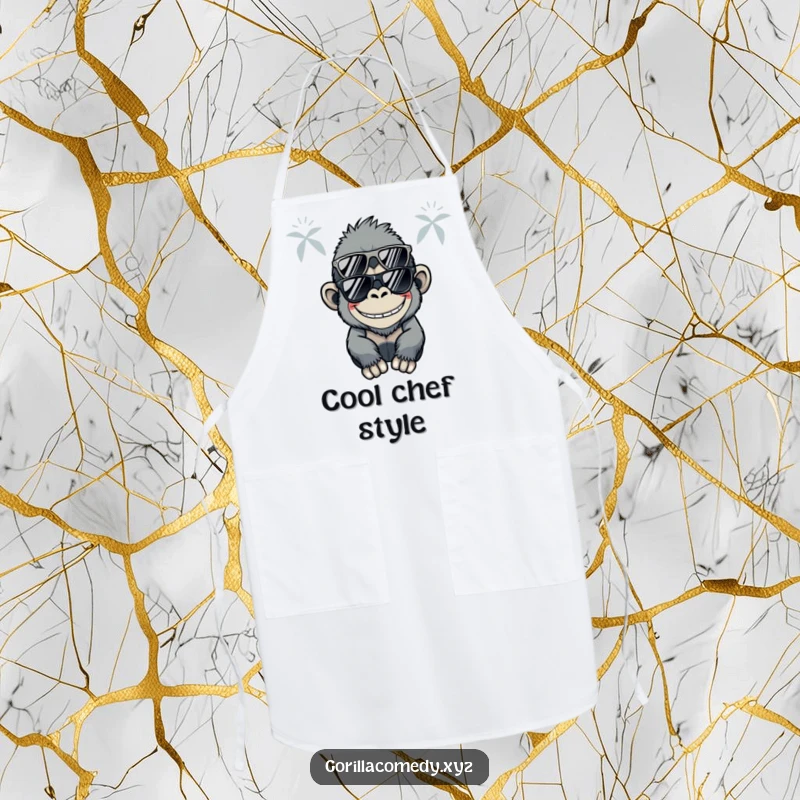 Funny Kawaii gorilla wearing sunglasses and a silly grin on a kitchen apron, bringing cool humor to cooking.