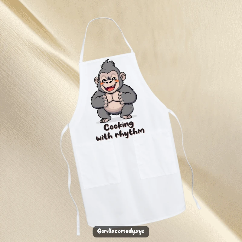 Funny apron featuring a cute Kawaii gorilla character beating its chest, ideal for cooks who appreciate humor and enthusiasm.