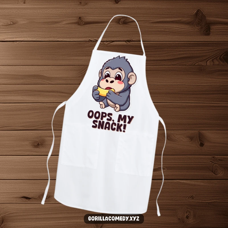 Funny kawaii gorilla apron, surprised expression, holding a tiny banana, humorous kitchen wear, cute cooking accessory.