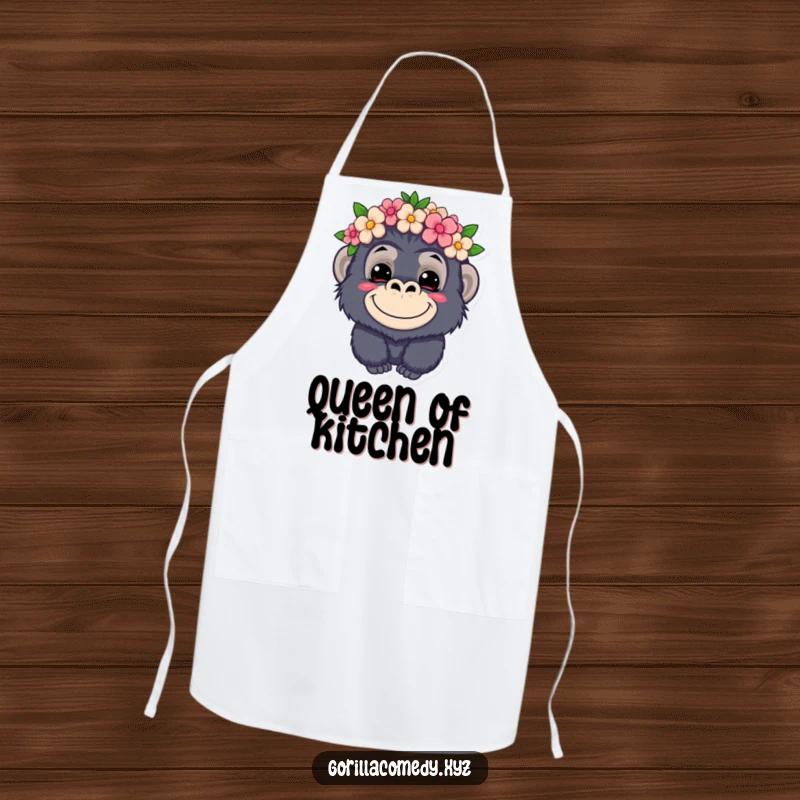 Funny kawaii gorilla apron, mischievous grin, wearing a flower crown, humorous kitchen wear, cute cooking accessory.