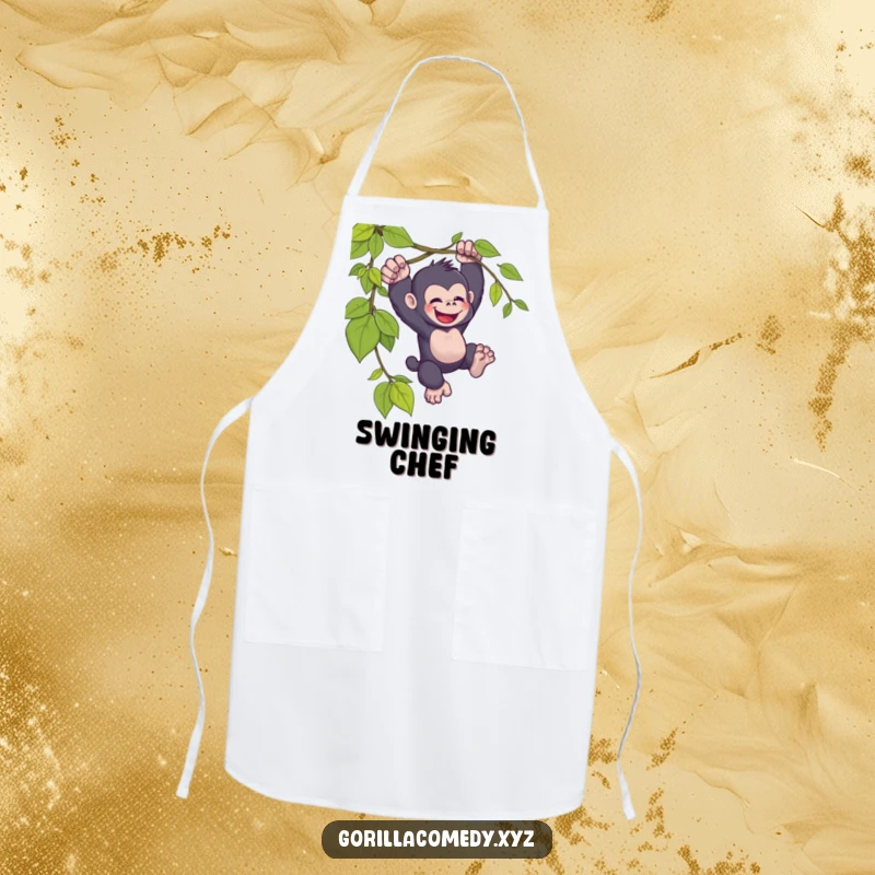 Funny kawaii gorilla apron, joyfully swinging, from a vine, humorous kitchen wear, cute cooking accessory.
