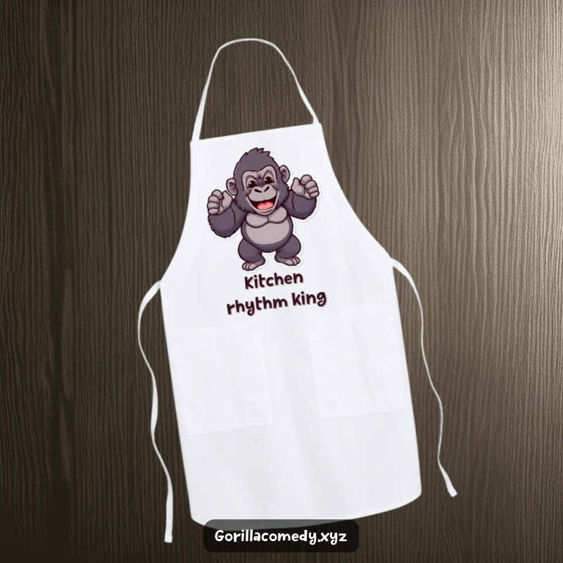 Funny gorilla apron showing a cheerful ape character proudly beating its chest rhythmically, great for kitchen protection and adding a humorous flair.
