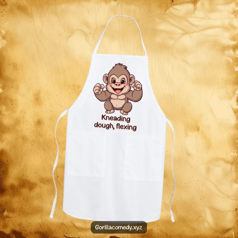 Funny gorilla apron showing a cute ape character flexing its surprisingly small muscles with a proud grin, perfect for kitchen protection and laughs.