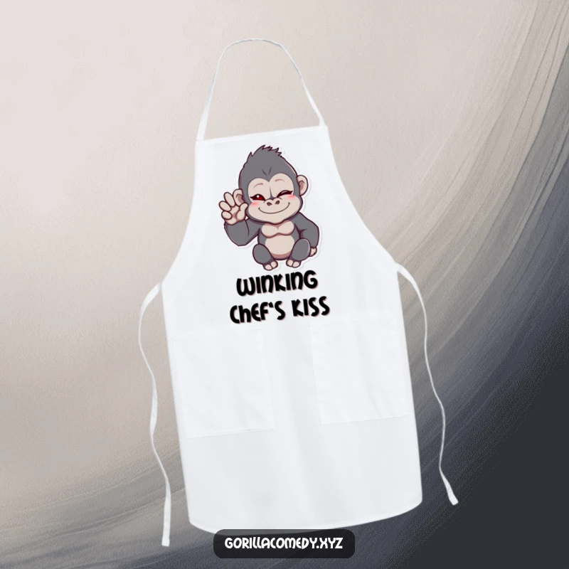 Funny gorilla apron featuring a winking ape with one hand up in a friendly wave, adding humor to cooking tasks.