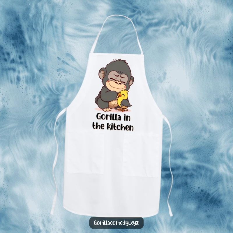 Funny Gorilla Tickling Bird Apron: Mischievous gorilla tickling a small bird, a humorous addition to any kitchen. Perfect for cooks, funny gift.
