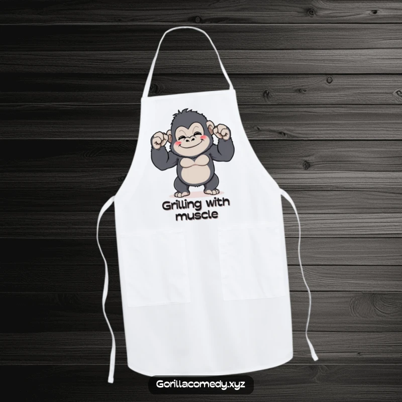 Funny Gorilla Flex Apron: A chef-inspired apron with a grinning gorilla comically flexing its tiny biceps, ideal for kitchen humor and a funny gift.