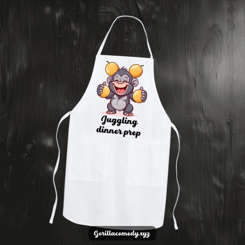 Funny giggling gorilla apron with a wide grin juggling three shiny coconuts, perfect for kitchen fun and adding a playful touch, a unique gift.