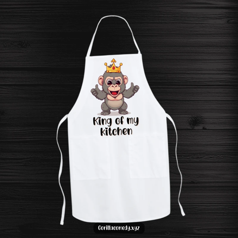 Funny Gorilla Chef King apron showing a crowned primate in a royal, funny cooking pose, perfect for aspiring chefs.