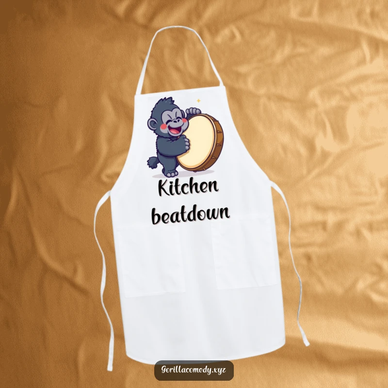 Funny Gorilla Drummer Apron showing a cute kawaii gorilla character happily banging on a large drum, a humorous kitchen essential.