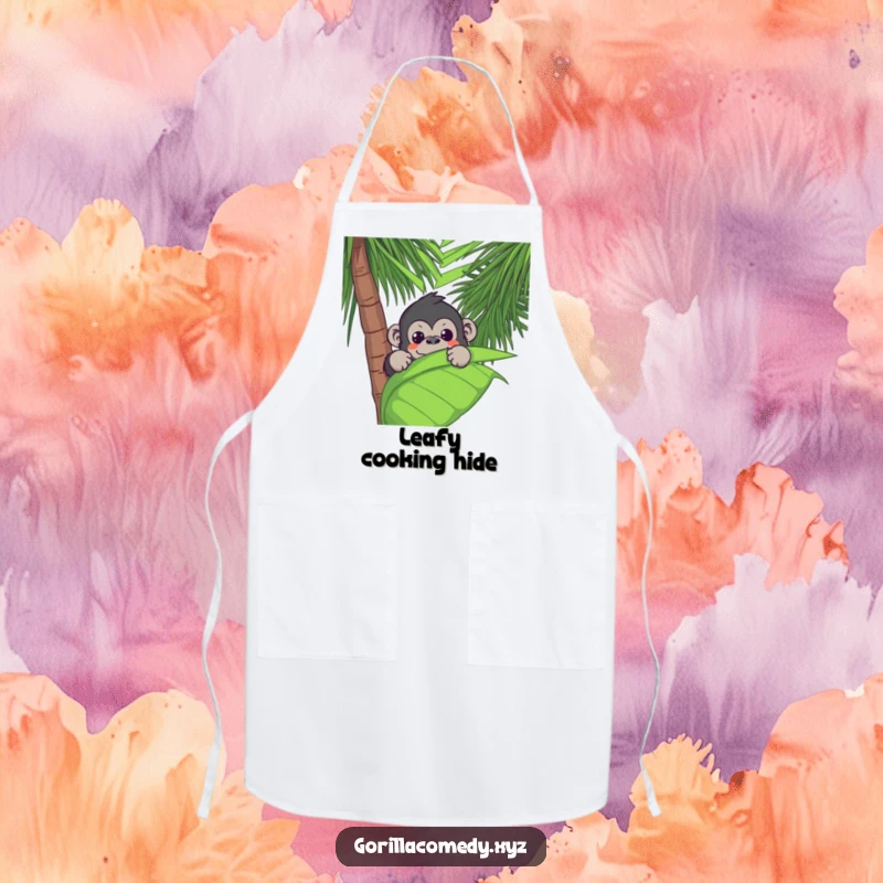 Funny Kawaii gorilla peeking from a palm leaf on a kitchen apron, blending jungle fun with practical use.