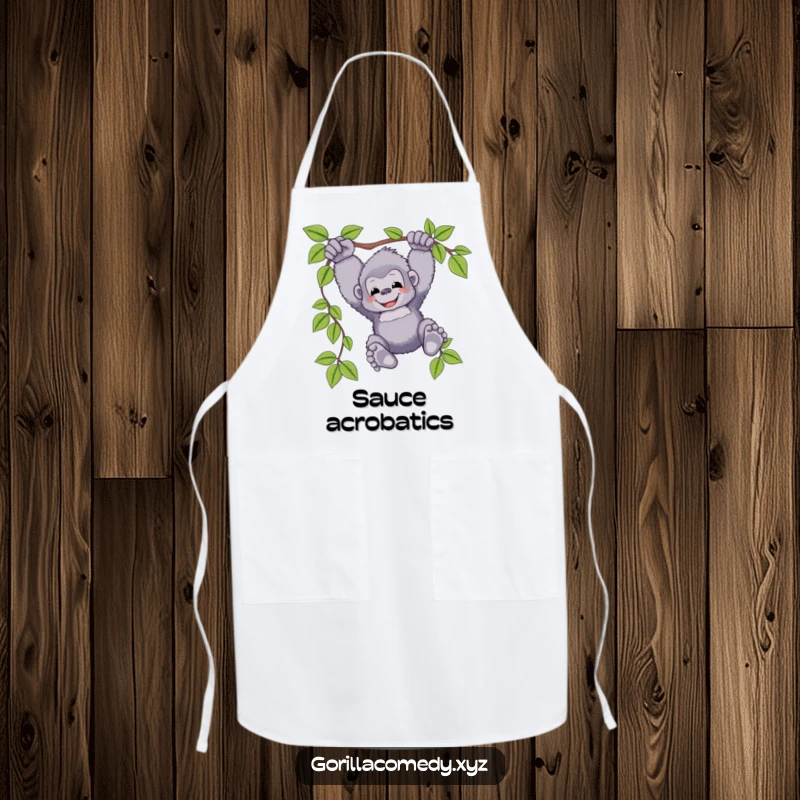 Funny gorilla apron depicting a fluffy ape character joyfully swinging from a vine, feet dangling, perfect for kitchen fun and spills.
