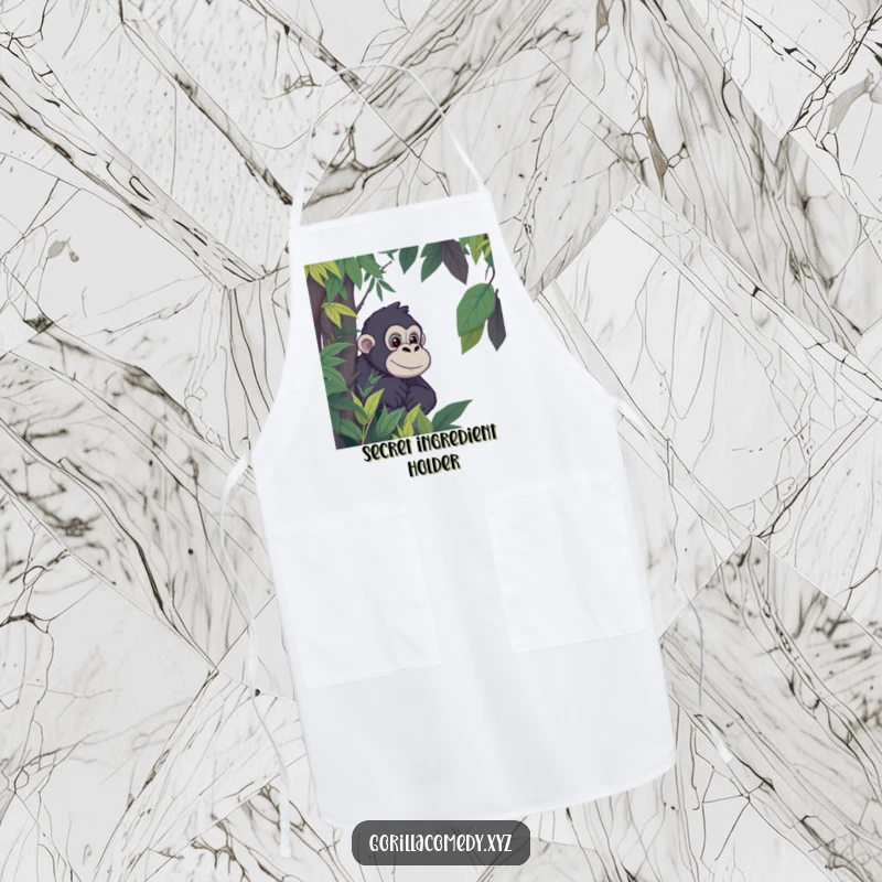 Funny Gorilla Jungle Apron: Apron with a cartoon gorilla peeking from jungle foliage, full of playful intrigue. Great funny gift.