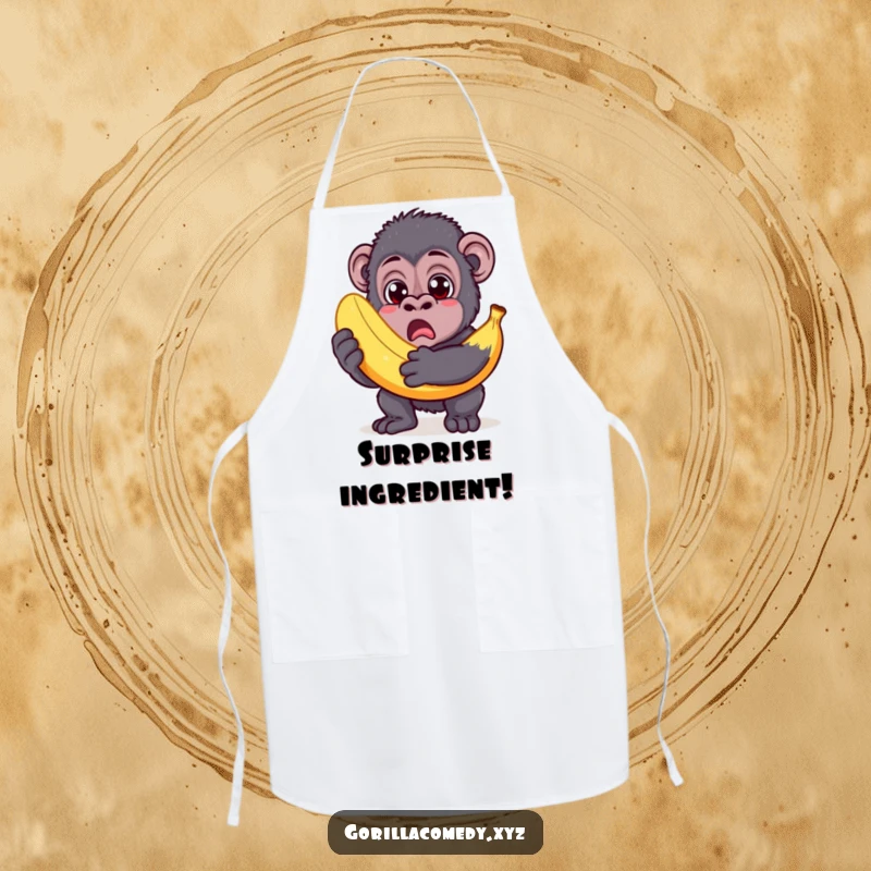 Funny Gorilla Apron: Surprised gorilla holding an oversized banana, ready for fun in the kitchen.