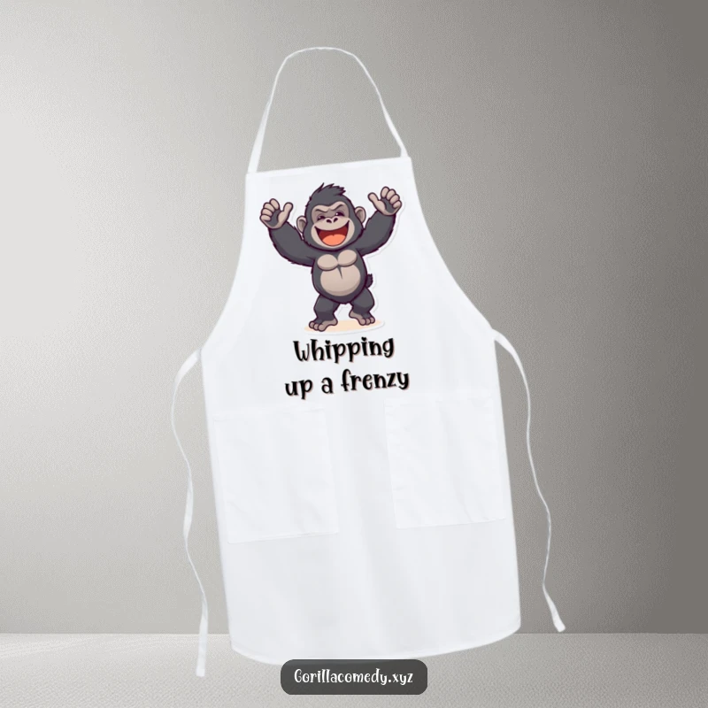 Funny Gorilla Apron: A chef wearing a humorous apron showing a primate doing a lively, amusing dance.