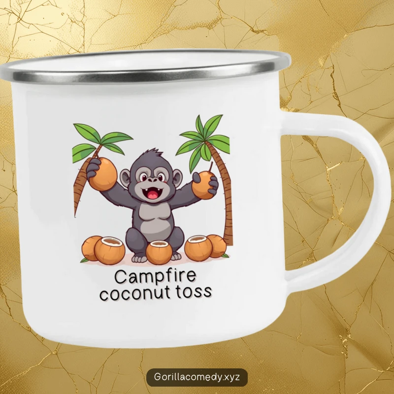 Funny Kawaii gorilla juggling coconuts on a sturdy camping mug, adding humor to outdoor adventures.