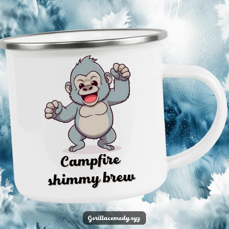 Funny camping mug featuring a Kawaii gorilla doing a comical dance with wobbly legs, perfect for hot drinks during outdoor excursions.