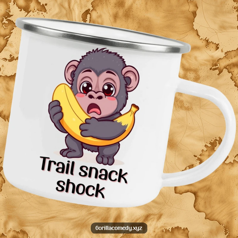 Funny Gorilla Camping Mug: Surprised gorilla holding an oversized banana, ideal for camping adventures.