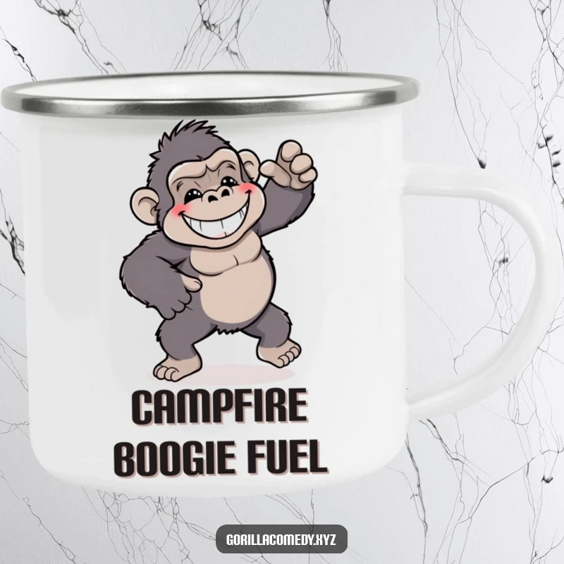 Funny gorilla camping mug, showing a grinning gorilla doing a playful and silly dance, for outdoor fun.
