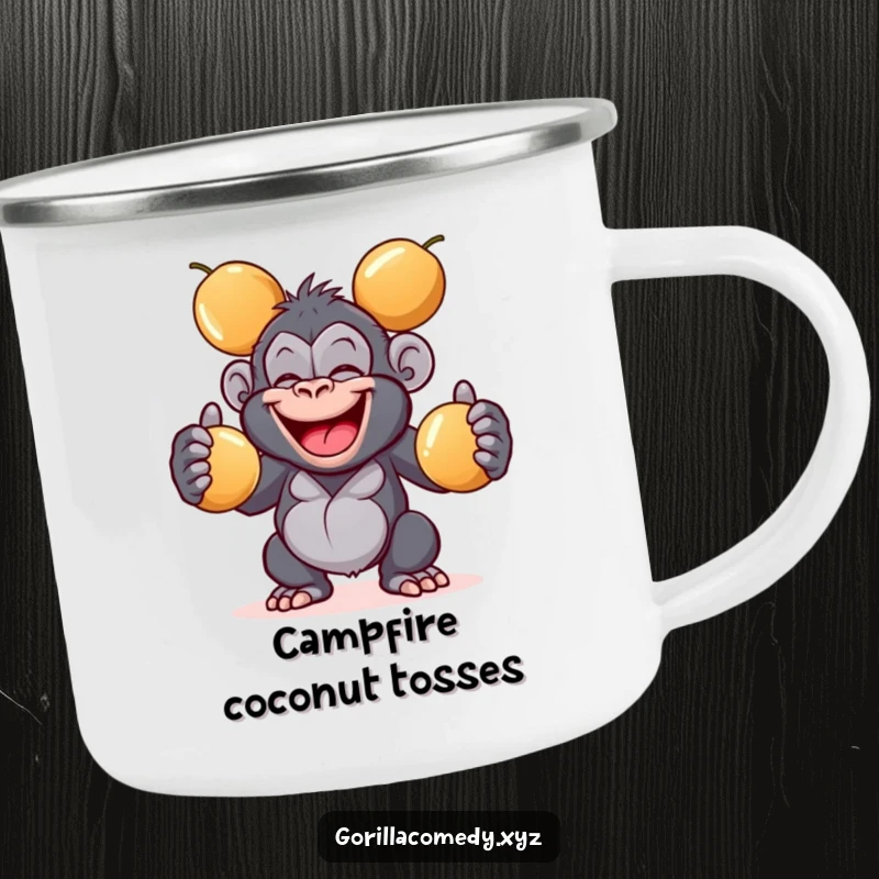 Funny giggling gorilla camping mug with a wide grin juggling three shiny coconuts, perfect for outdoor fun and adding cheer, a durable gift.
