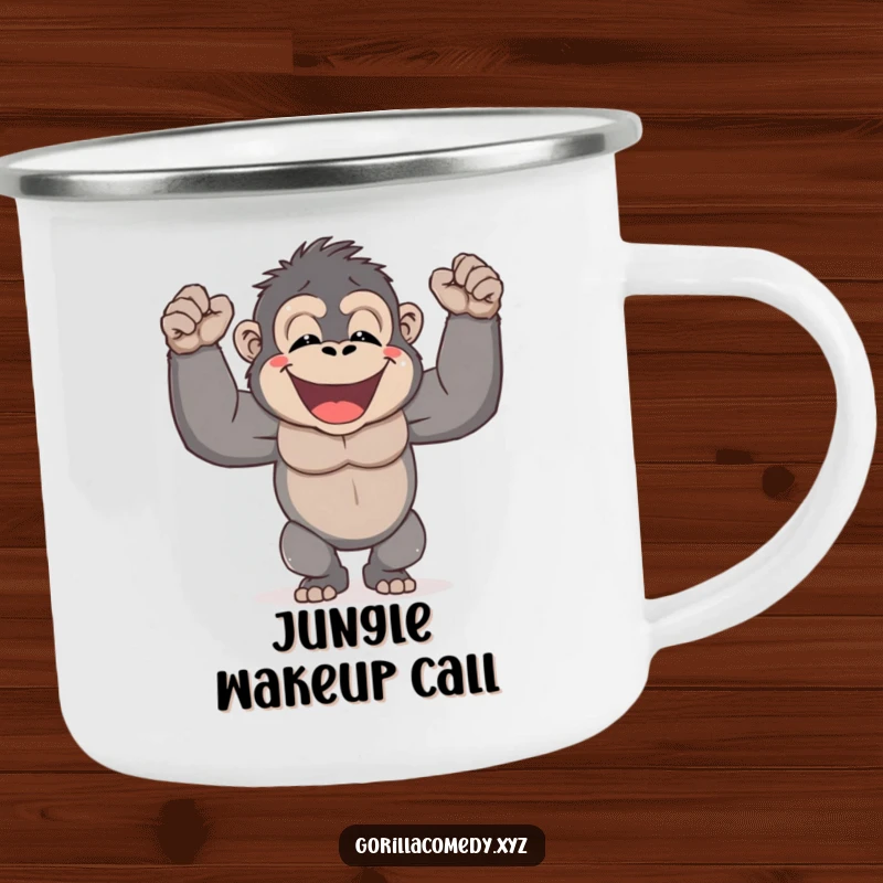 Funny Gorilla Camp Mug showing a happy gorilla joyfully pounding its chest, ready for outdoor adventures with humor and strength.