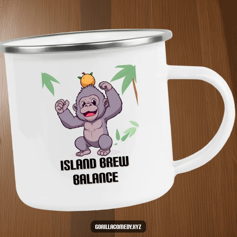 Funny gorilla camping mug with a silly ape balancing coconuts, perfect for outdoor enthusiasts and campers.