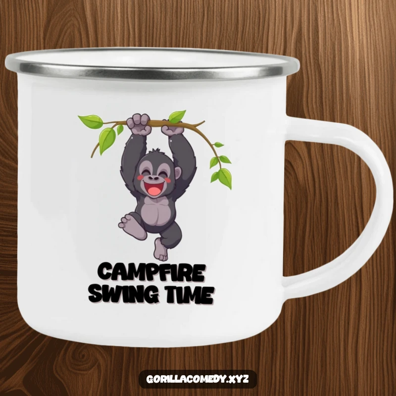 Funny camping mug with a joyful gorilla swinging from a vine with a triumphant yell, designed for jungle celebration on trips.