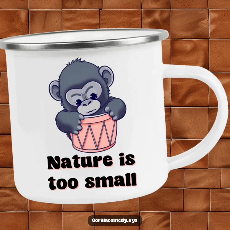Funny gorilla camping mug showing a curious primate hilariously trying to fit into a drum that is clearly too small.