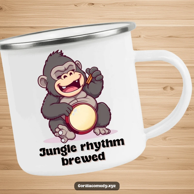 Funny gorilla camping mug, showing a gorilla comically drumming on its belly, for outdoor fun.