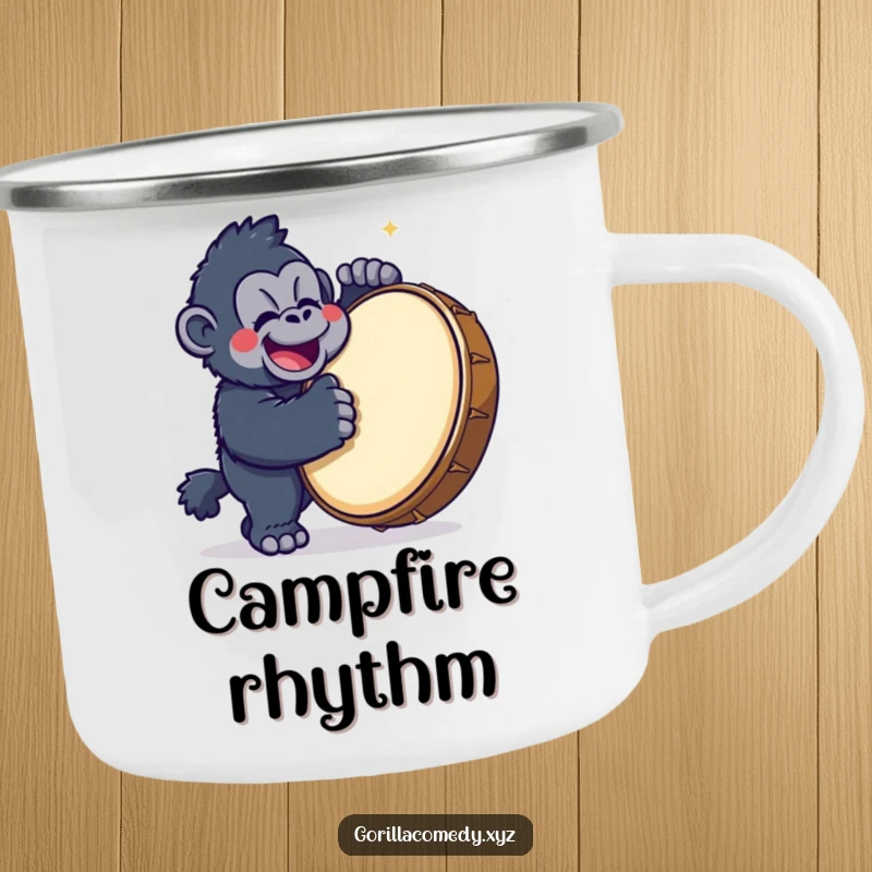 Funny Gorilla Drummer Camping Mug showing a cute kawaii gorilla character happily banging on a large drum, ideal for outdoor fun.