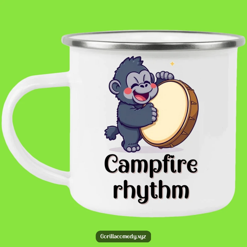 Funny Gorilla Drummer Camping Mug: Kawaii Character Enamel Cup, Hilarious Outdoor Gift