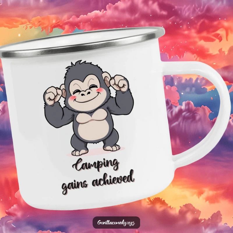 Funny Gorilla Flex Camping Mug: A durable mug with a grinning gorilla comically flexing its tiny biceps, perfect for outdoor fun and a funny gift.