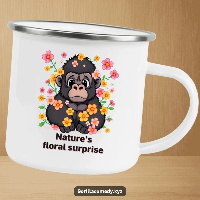 Funny camping mug showing a surprised gorilla covered in a shower of flowers in nature.