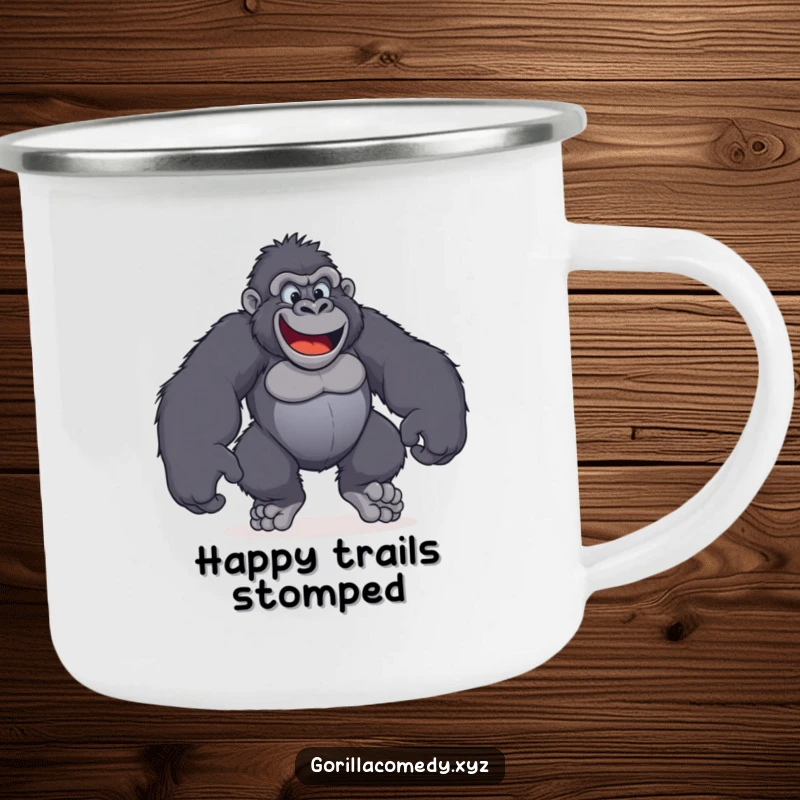 Funny camping mug showing a gorilla with massive, happy feet stomping around joyfully in nature.